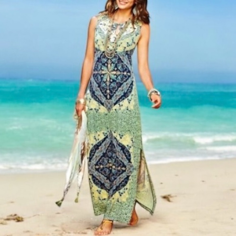 Chicos Gretchen Maxi Dress Sz 1 Medium Liquid Knit Column Tapestry Slit Keyhole
